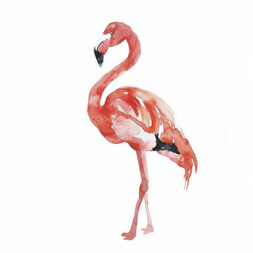 Watercolor illustration of a single elegant flamingo with ample white space for text, ideal for summer themes and tropical decor designs
