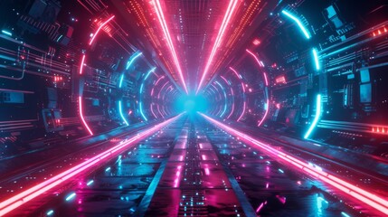 A striking sci-fi tunnel lit with neon lights draws the eye towards a bright exit, representing a path to discovery - obrazy, fototapety, plakaty