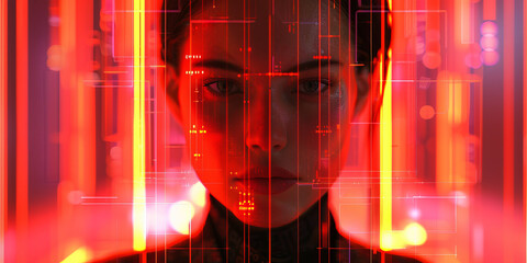 In a sci-fi setting, a woman interacts with a futuristic digital interface, surrounded by dynamic holographic data and glowing lights