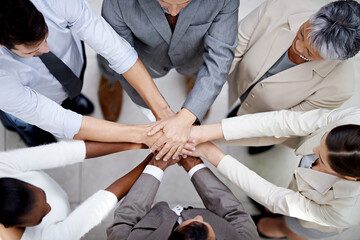 Group, top view or business people with hands in stack for mission goal, collaboration or teamwork....