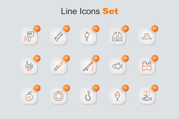 Set line Price tag for fish, Fishing float, hook, Lifebuoy, Bomb, Diving mask, and rod icon. Vector