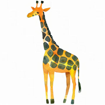 Watercolor illustration of a giraffe on a white background, ideal for educational content, children's books, or themed designs with space for text