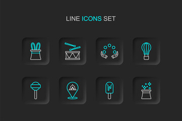 Fototapeta premium Set line Magician hat, Ice cream, Circus tent, Lollipop, Hot air balloon, Juggling, Drum with drum sticks and and rabbit ears icon. Vector