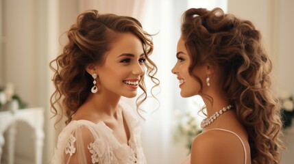 Happy affectionate lesbian couple smiling in white living room, lgbt wedding, copy space for text