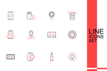 Set line Playing card with clubs symbol, Bottle of wine, Online sports betting, Slot machine jackpot, Casino chips, Stacks paper money cash, dealer and icon. Vector