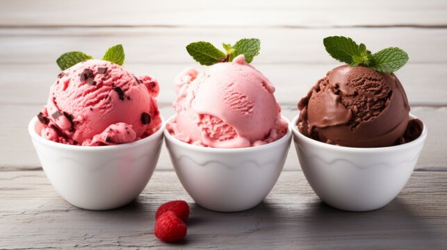 An image with a blurred scoop of ice cream among clear foreground of chocolate and strawberry flavors