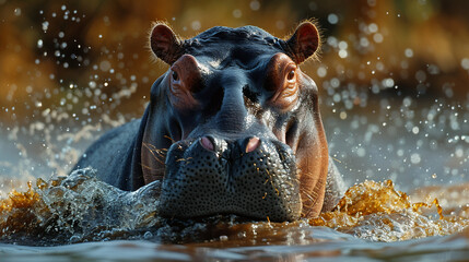 Fototapeta premium wildlife photography, authentic photo of a hippopotamus in natural habitat, taken with telephoto lenses, for relaxing animal wallpaper and more