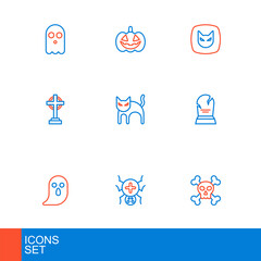 Set line Skull on crossbones, Spider, Ghost, Tombstone with RIP written, Black cat, and Pumpkin icon. Vector