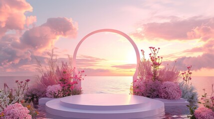 Dreamy image featuring a large floral arch and round platform against a breathtaking sunset over...