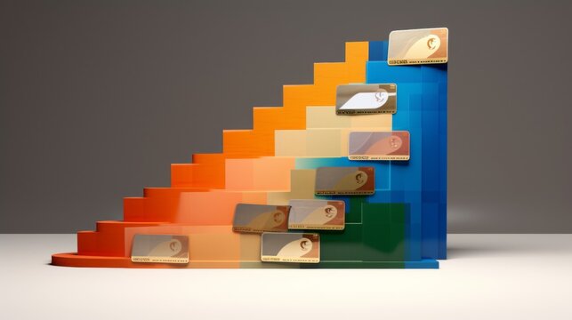 A visually captivating image depicting credit cards formed into a stairway in a gradient of orange to green hues