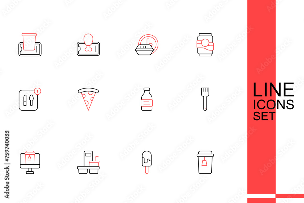 Wall mural Set line Cup of tea, Ice cream, Coffee cup to go, Online ordering food, Fork, Bottle water, Slice pizza and Food icon. Vector