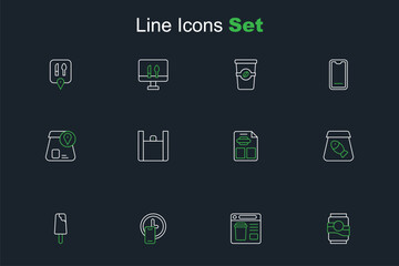 Set line Soda can, Online ordering food, Round the clock delivery, Ice cream, fish, Restaurant cafe menu, and icon. Vector