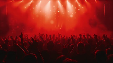 The thrills of a music concert captured with a crowd of fans cheering under intense red stage...