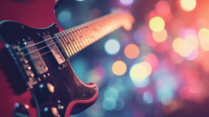 Close-up of an electric guitar with glowing bokeh lights in the background highlighting the music theme - obrazy, fototapety, plakaty