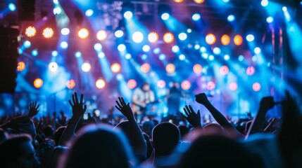 Energetic crowd with hands raised, enjoying a live band performance at a colorful concert