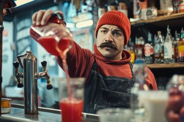 A kind mustachioed man in a red hat stands near the counter. jPomegranate juice seller street drinks - obrazy, fototapety, plakaty