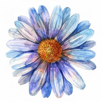 Watercolor illustration of a vibrant blue and purple daisy, ideal for spring-themed designs and creative backgrounds with ample copy space