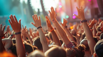 Dynamic snapshot of a lively crowd with hands up enjoying an outdoor music concert
