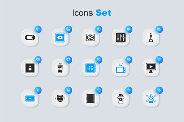 Set Science fiction, Paper glass with water, Rating movie, Online play video, No alcohol, Cinema ticket and Plus 16 icon. Vector