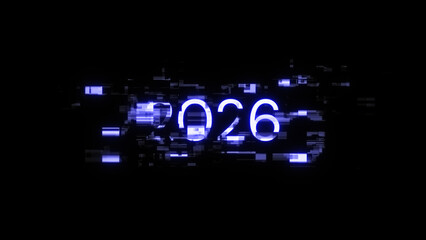 3D rendering 2026 text with screen effects of technological glitches