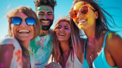 A joyous group of friends take a selfie, covered in color at a vibrant summer festival