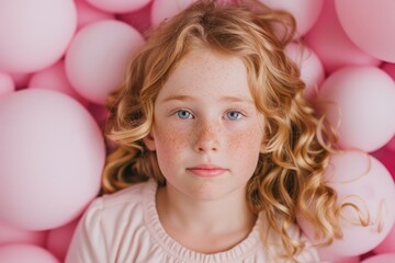Fototapeta na wymiar portrait of a girl with brown hair on a pink background of pastel balloons. Child. Birthday. Childhood. Children's room