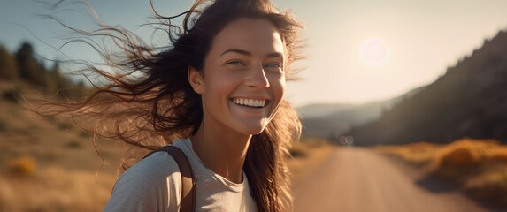 woman smiling by the road and kicking into some trail - Powered by Adobe