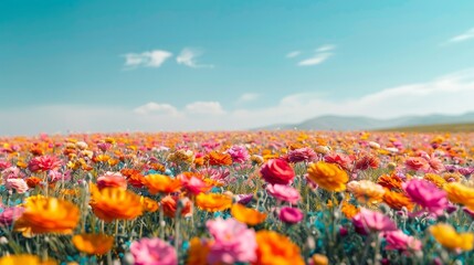 Fototapeta premium A minimalist shot of a vibrant flower field, with colorful blooms stretching to the horizon