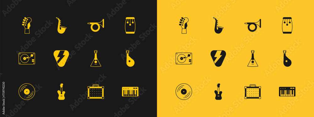 Poster Set Conga drums, Electric bass guitar, Balalaika, Guitar amplifier, pick, Trumpet, neck and Saxophone icon. Vector