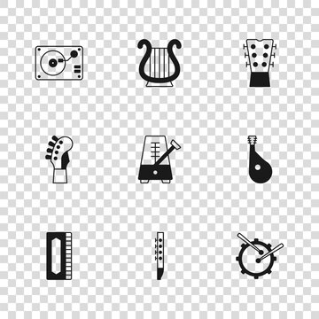 Set Flute, Bandura, Drum with drum sticks, Metronome pendulum, Guitar neck, Vinyl player vinyl disk, Ancient Greek lyre and icon. Vector