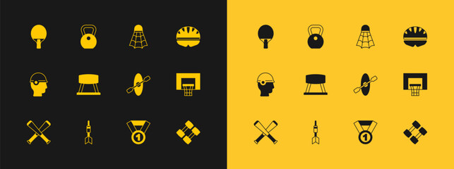 Set Bicycle helmet, Dart arrow, Kayak and paddle, Medal, Pommel horse, Badminton shuttlecock, Racket and Weight icon. Vector