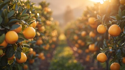 a citrus grove, with rows of orange and lemon trees stretching into the distance