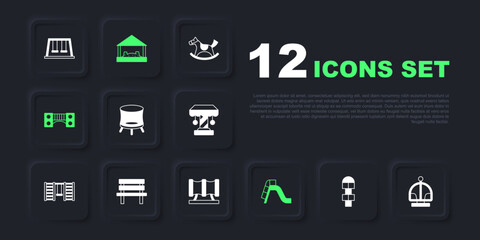 Set Hopscotch, Attraction carousel, Jumping trampoline, Slide playground, Playground kids bridge, Bench, Sandbox with sand and Kid slide pipe icon. Vector