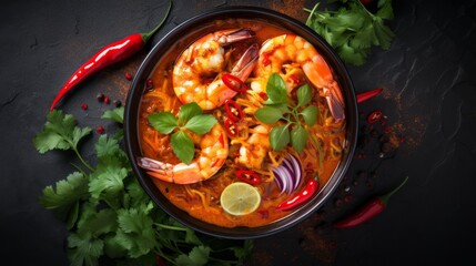 Delicious prawn soup in a bowl surrounded by fresh herbs highlighting the richness of traditional flavors