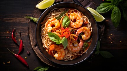 Shrimp noodle soup captured from the side, showcasing fresh basil and vibrant red chilies