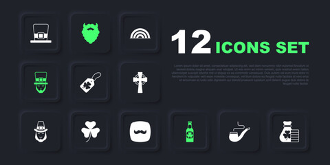 Set Smoking pipe, Money bag with clover, Clover trefoil leaf tag, Beer bottle, Leprechaun, Mustache and beard and icon. Vector
