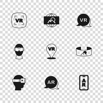 Set Augmented reality AR, 360 degree view, Virtual, Wide angle picture and glasses icon. Vector