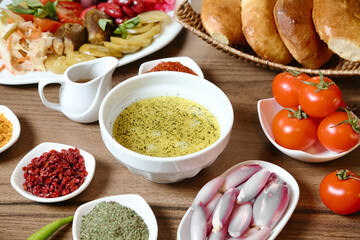 Wooden Table With Assorted Bowls of Food