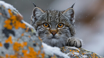 wildlife photography, authentic photo of a manul in natural habitat, taken with telephoto lenses,...