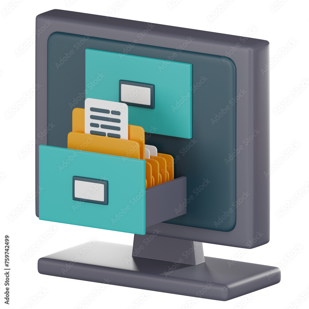 Poster 3d icon of filing cabinet for workspace organization.3d render