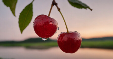 Close Up of Cherry Hanging From Tree.