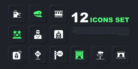 Set Road traffic sign, Railway tunnel, Train conductor, Ticket office buy tickets, End railway tracks, Railroad crossing, driver hat and Toilet icon. Vector