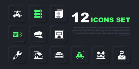 Set End of railway tracks, Train conductor, driver hat, Trolley suitcase, ticket, High-speed train, Railway, railroad and Cargo wagon icon. Vector