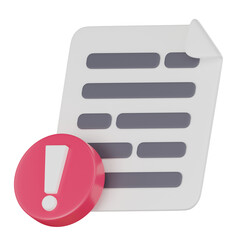 3D Icon Document Alert and Warning Symbol. 3D Render