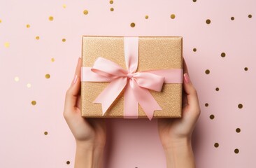 hand holding gift box on pink background