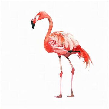 Elegant watercolor illustration of a standing flamingo on a white background with ample space for text, ideal for tropical and wildlife themes