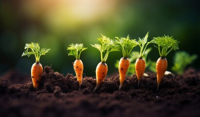 carrots growing under the soil in a garden - obrazy, fototapety, plakaty