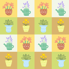 Doodle seamless pattern with houseplant flowers. Simple hand drawn square tile design. Gardening fabric print template.