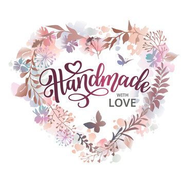 Handmade with love floral heart in watercolor style. Design for greeting card, sticker, cover and advertisement.