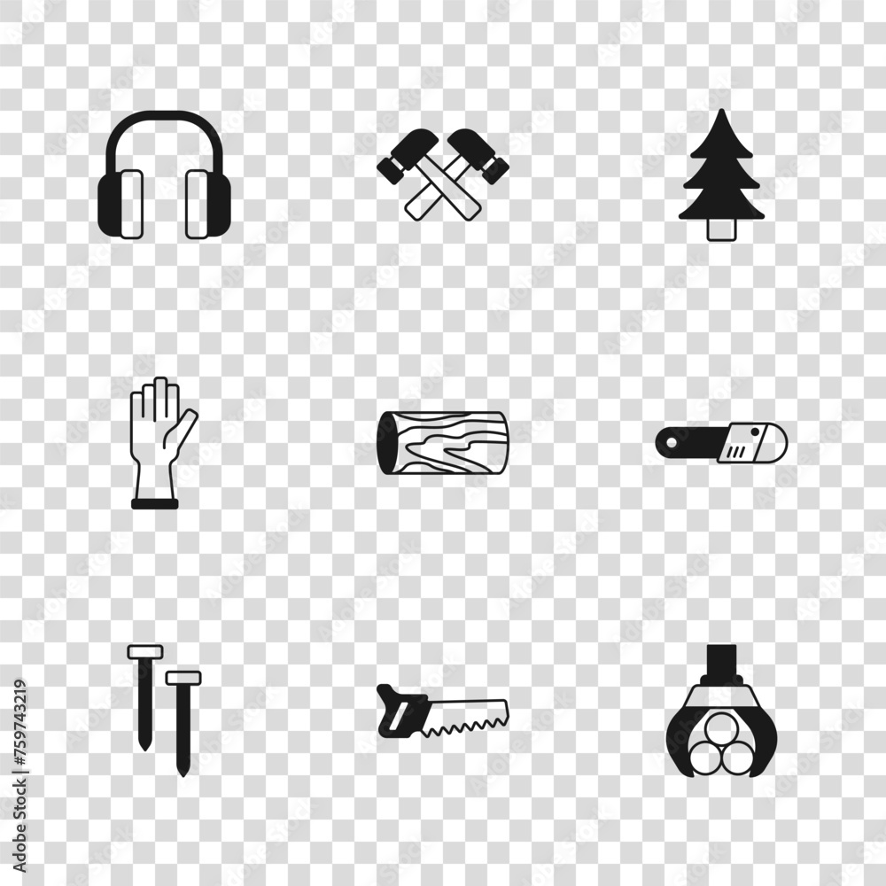 Poster Set Hand saw, Chainsaw, Grapple crane grabbed log, Wooden, Tree, Headphones, Crossed hammer and Protective gloves icon. Vector